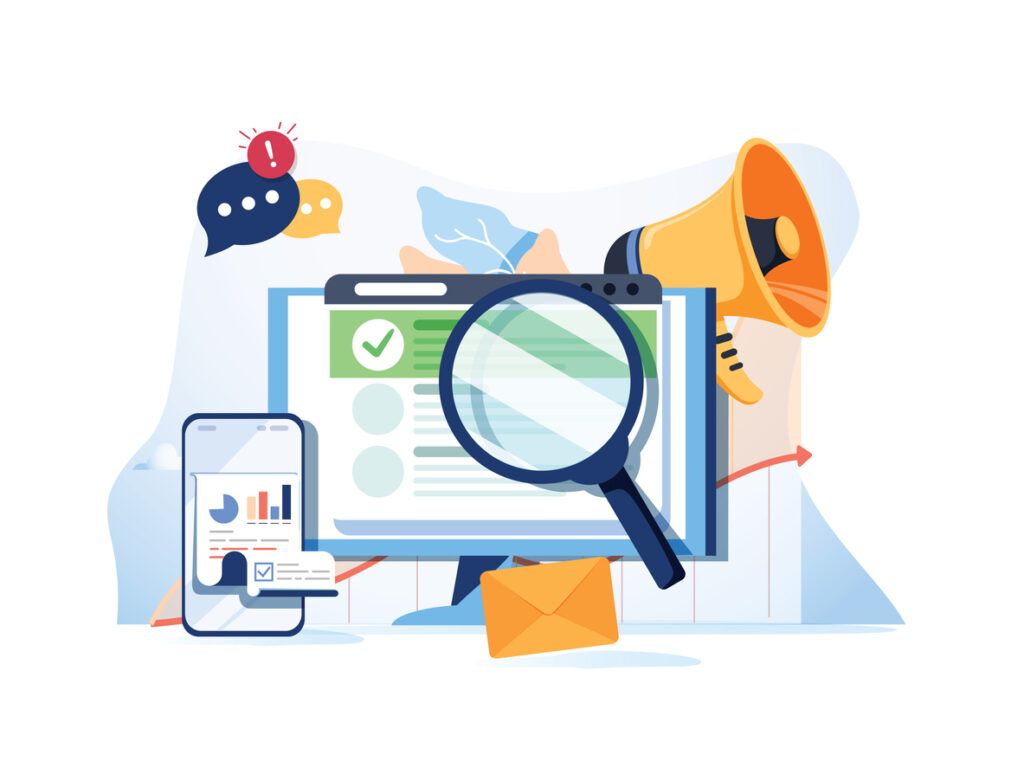 Search result optimization SEO marketing analytics flat vector banner with icons SEO performance targeting and monitoring | Marketing Direction | Digital Marketing Agency | Tampa - St Pete FL