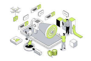 Social media marketing 3d isometric concept in outline isometry design for web People advertising online shop for attracting of target audience getting orders and clients Vector illustration | Marketing Direction | Digital Marketing Agency | Tampa - St Pete FL