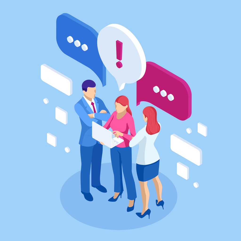 Isometric concept of discussing chatting conversation dialogue Businessmen and woman discuss social network dialogue speech bubbles news social networks chat | Marketing Direction | Digital Marketing Agency | Tampa - St Pete FL