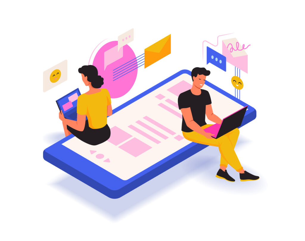 Social media Mobile internet chat Network in phone Digital smartphone app Couple online communication People sitting on device screen Sending messages Vector isometric design | Marketing Direction | Digital Marketing Agency | Tampa - St Pete FL