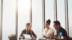 Business professionals overwhelmed by excessive service options in B2B sales meeting